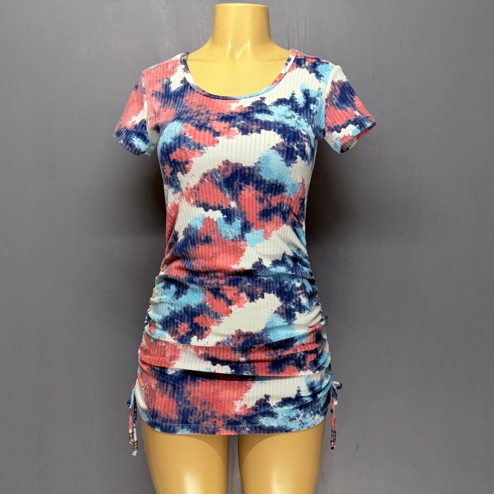 Lily Bleu Ribbed Ruched Mini Dress | Side Drawstring Watercolor Camo S